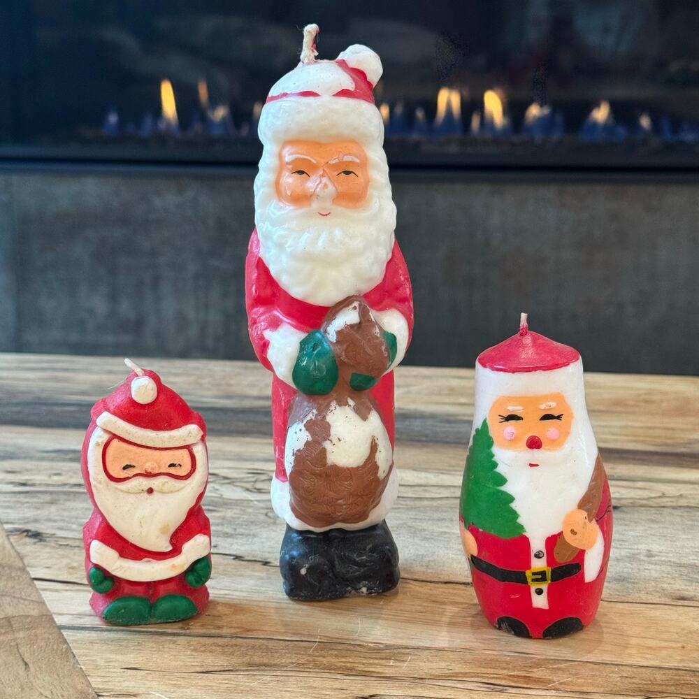 Vintage 1950s Santa Claus Candles Lot of 3, Retro Mid Century Christmas Figural
